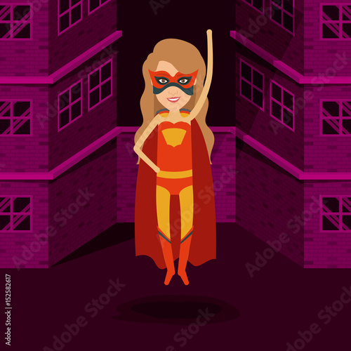 magenta color background buildings brick facade with front view superwoman in outfit with hand up and long wavy hair vector illustration