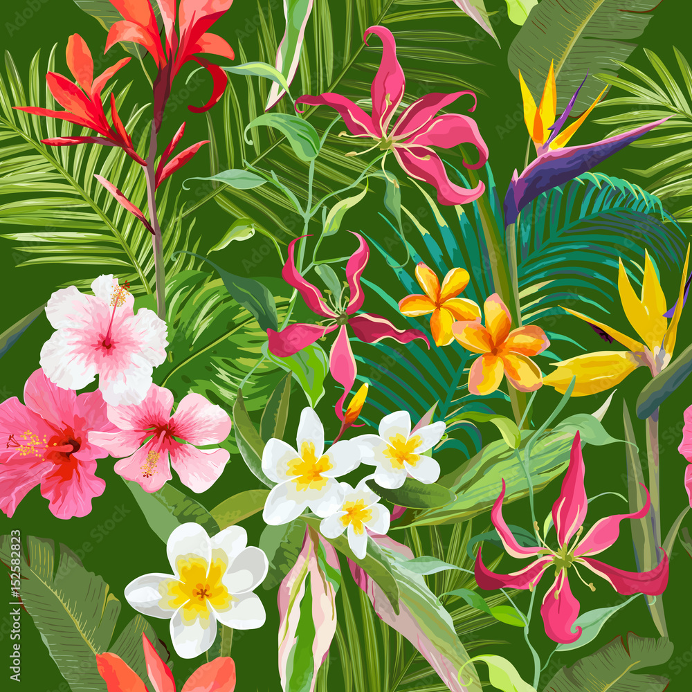Obraz premium Tropical Seamless Vector Floral Summer Pattern. For Wallpapers, Backgrounds, Textures, Textile, Cards.