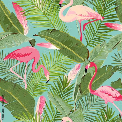 flamingi-na-tle-tropikalnych-lisci-i-kwiatow
