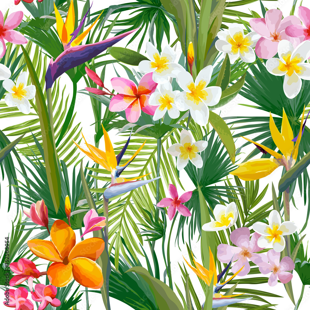 Fototapeta premium Tropical Palm Leaves and Flowers, Jungle Leaves Seamless Vector Floral Pattern Background