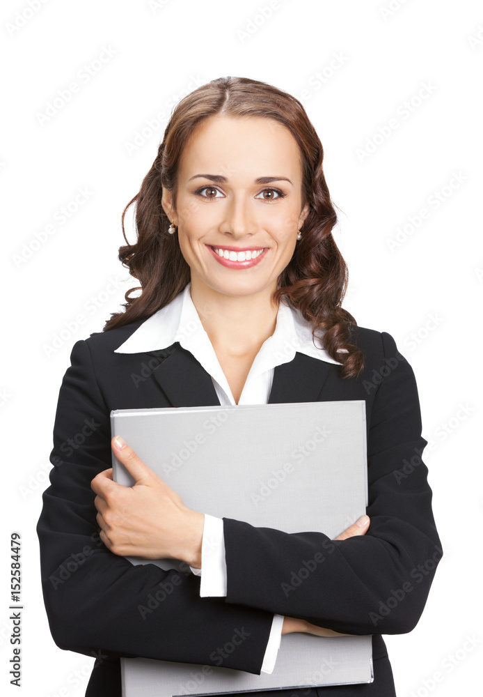 Businesswoman with grey folder, isolated Businesswoman with grey folder, isolated