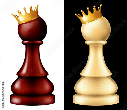 Wooden chess piece Pawn with golden crown, two versions - white and black. Vector illustration.