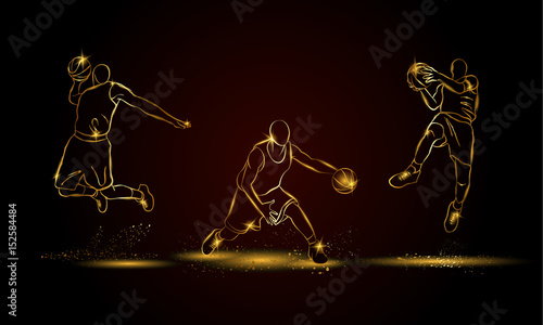 Basketball players set. Golden linear basketball player illustration for sport banner, background and flyer.