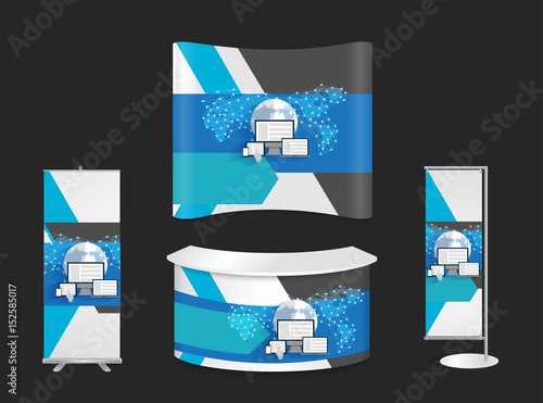 Trade show booth mock up exhibition stand with innovation technology social media and network, vector illustrations layout template design