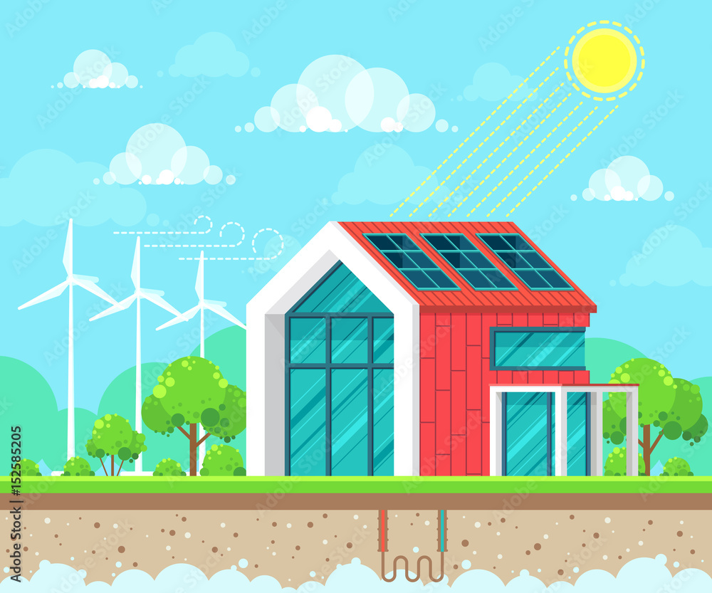 Flat style design vector illustration of landscape on ecology theme. Solar, geothermal and wind energy idea concept