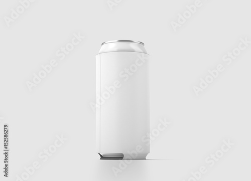 Blank white collapsible beer can koozie mock up isolated, 500 ml side view, 3d rendering. Empty neoprene cooler holder mockup tin beverage. Plain drinkware hugger design template. Clear soda sleeve
