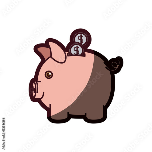 colorful silhouette of moneybox in shape of pig with coins and thick contour vector illustration