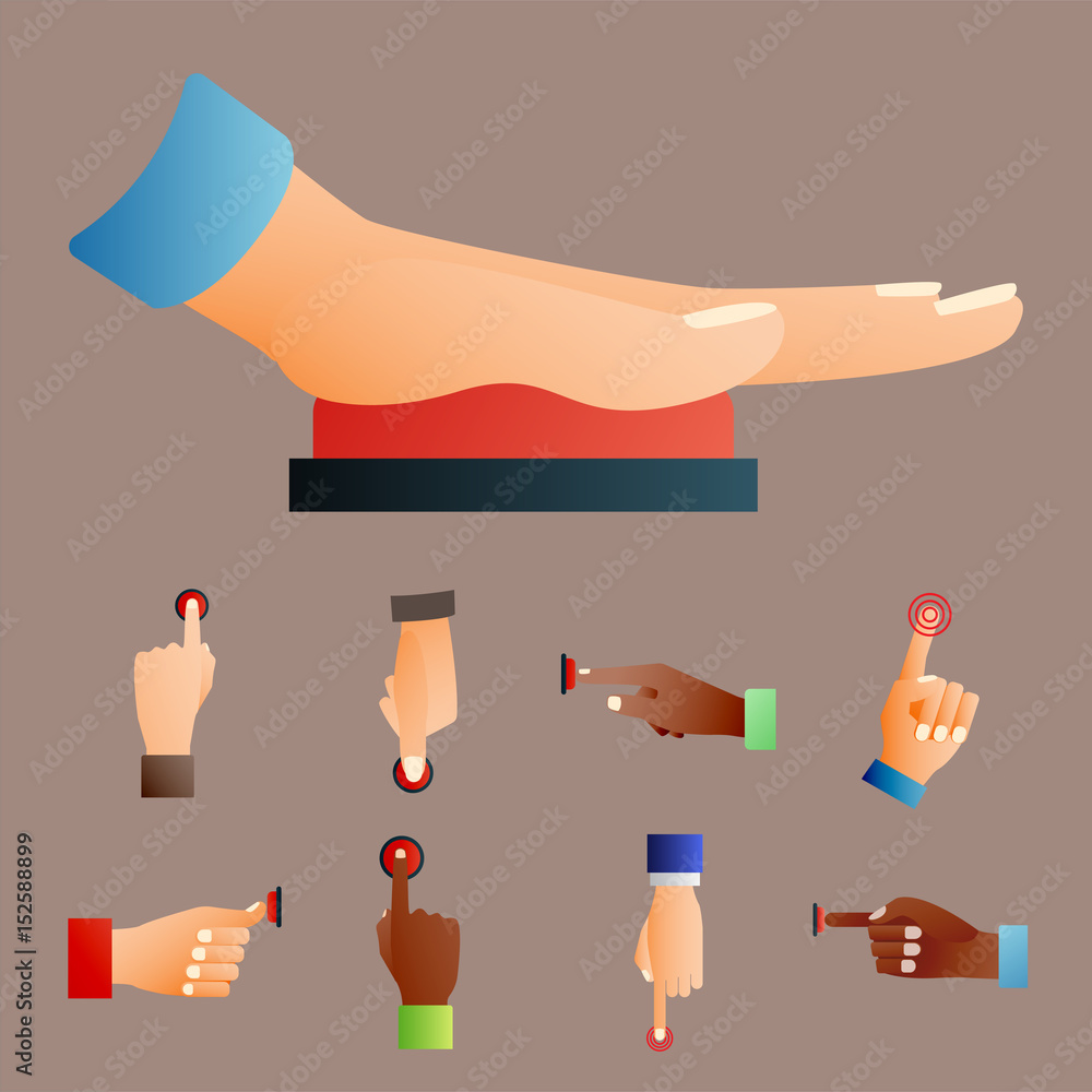 Hand press red button finger press control push pointer gesture human body part vector