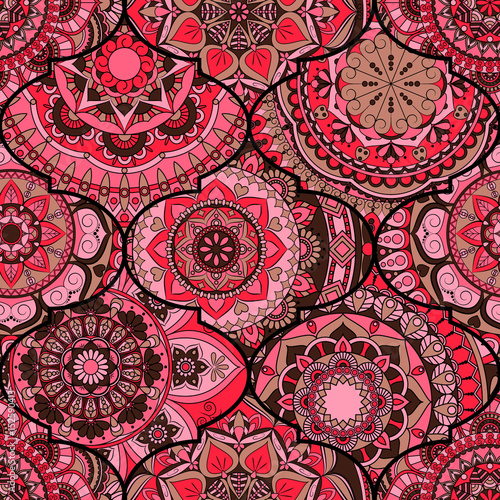 Colorful tiles boho seamless pattern. Mandala background. Abstract flower ornament. Floral wallpaper, furniture, textile print, hippie fabric. Romantic decoration from weave design elements.