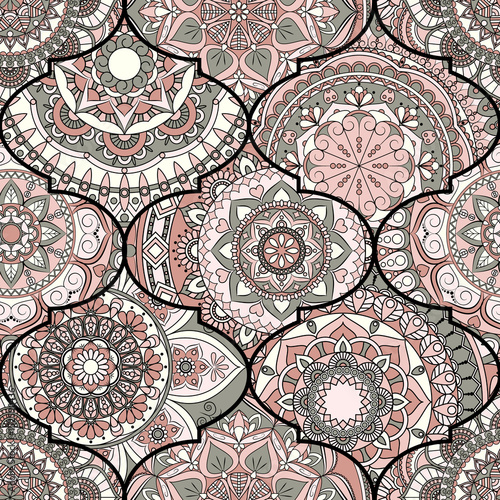Colorful tiles boho seamless pattern. Mandala background. Abstract flower ornament. Floral wallpaper, furniture, textile print, hippie fabric. Romantic decoration from weave design elements.
