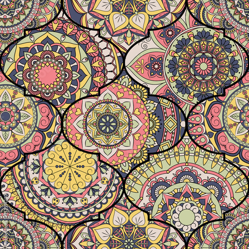 Wallpaper Mural Colorful tiles boho seamless pattern. Mandala background. Abstract flower ornament. Floral wallpaper, furniture, textile print, hippie fabric. Romantic decoration from weave design elements. Torontodigital.ca