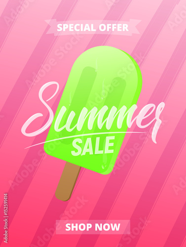 Summer sale poster, advertisement, banner, card, etc. Background with lettering, trendy stripes and ice cream