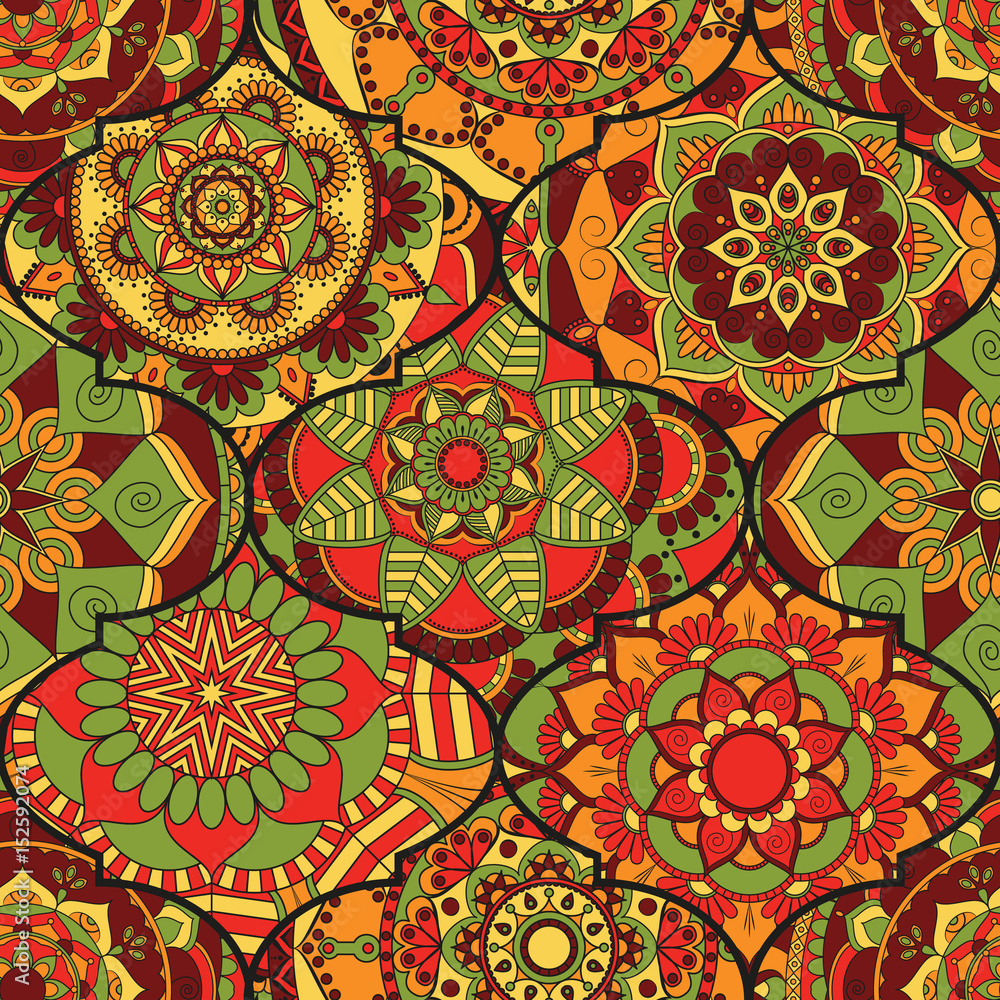 Colorful tiles boho seamless pattern. Mandala background. Abstract flower ornament. Floral wallpaper, furniture, textile print, hippie fabric. Romantic decoration from weave design elements.