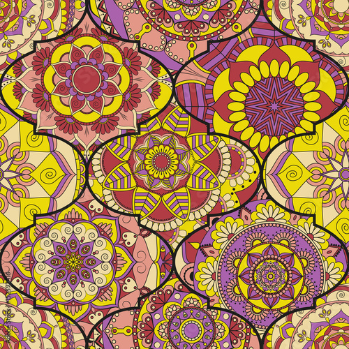 Colorful tiles boho seamless pattern. Mandala background. Abstract flower ornament. Floral wallpaper, furniture, textile print, hippie fabric. Romantic decoration from weave design elements.