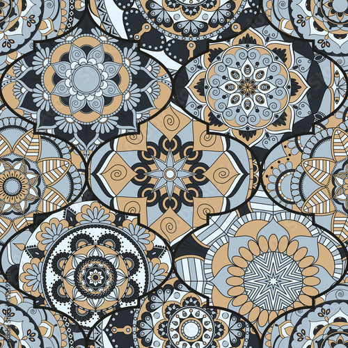 Colorful tiles boho seamless pattern. Mandala background. Abstract flower ornament. Floral wallpaper, furniture, textile print, hippie fabric. Romantic decoration from weave design elements.