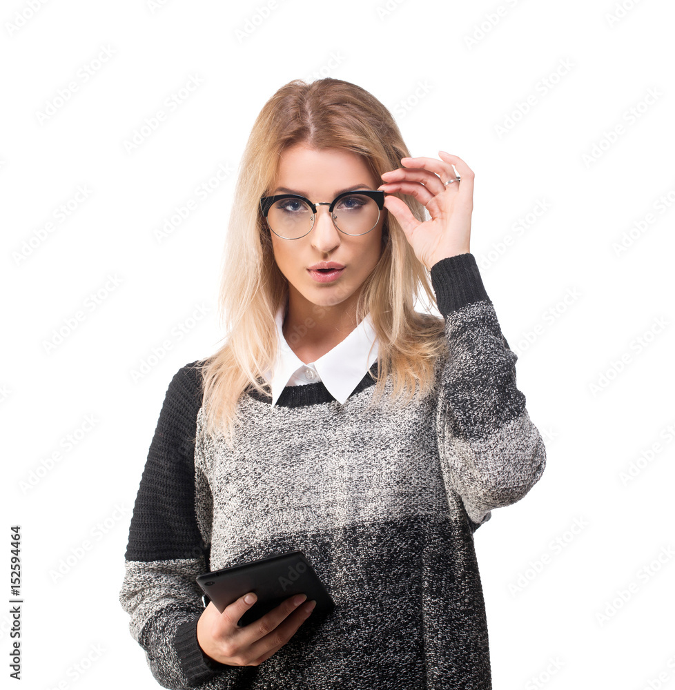 Sexy young business woman with a tablet, new working style concept, isolated on white