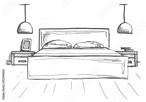 Hand drawn sketch. Linear sketch of an interior. Sketch Line bedrooms. Vector illustration. Room plan.