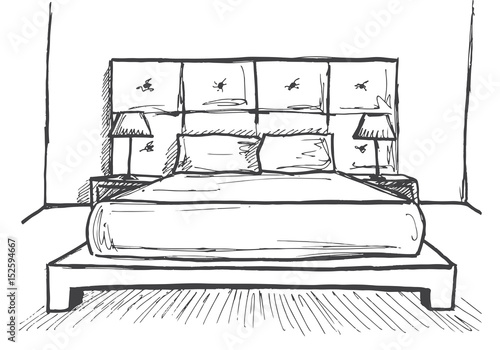 Hand drawn sketch. Linear sketch of an interior. Sketch Line bedrooms. Vector illustration. Room plan.