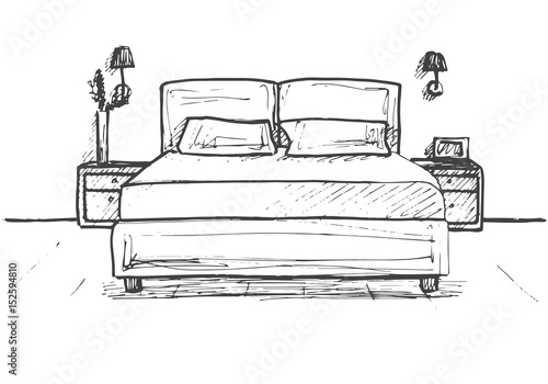 Hand drawn sketch. Linear sketch of an interior. Sketch Line bedrooms. Vector illustration. Room plan.