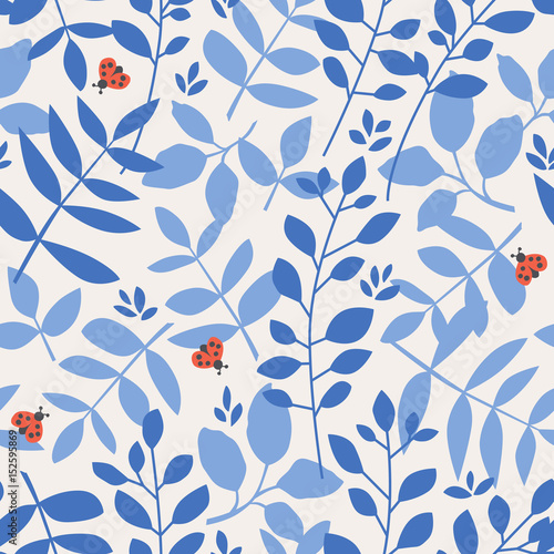 seamless pattern with different leaves and ladybugs