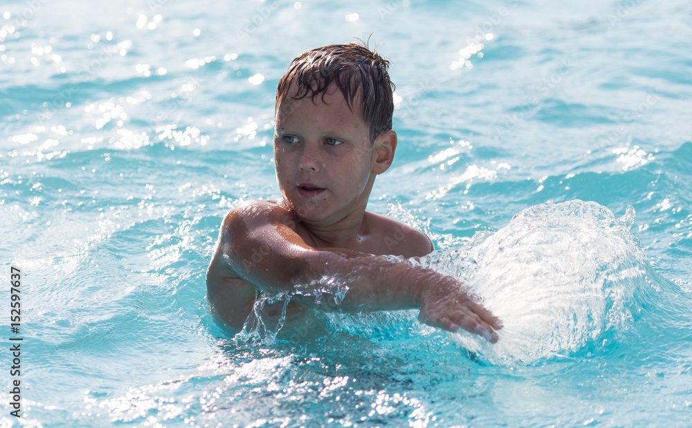 The boy is swimming in the pool The boy is swimming in the pool