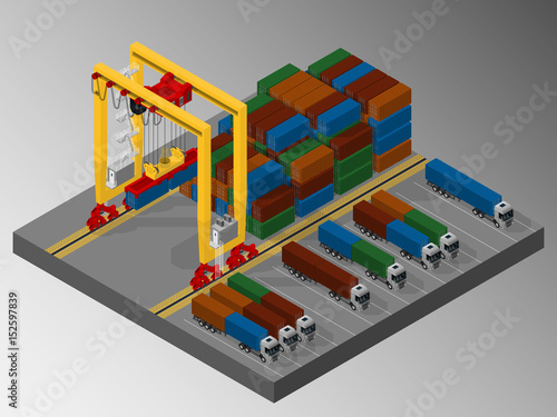 Vector isometric illustration representing the loading and unloading operations in harbor container terminal. Harbor equipment.