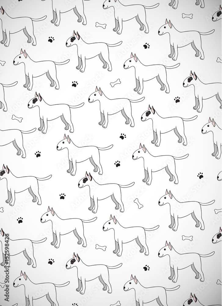 Beautiful greeting vertical card with cute cartoon dogs. Breed bullterrier