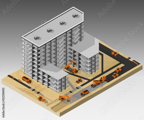 Vector isometric illustration of the construction site at the stage of road construction and machinery involved. Dump trucks, road rollers, bulldozer, mobile crane and crawler excavator.