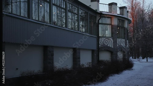 Castle hotel's backyard walkway at winter sundown 