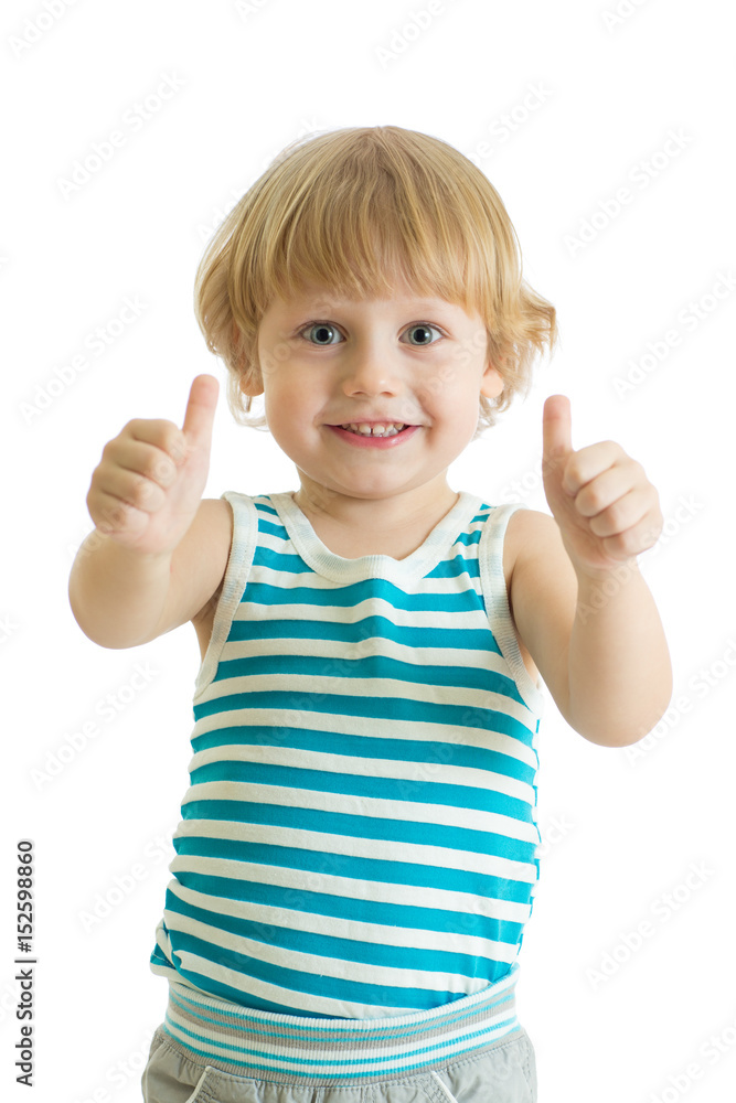 Portrait of beautiful kid boy giving you thumbs up isolated on white background Portrait of beautiful kid boy giving you thumbs up isolated on white background