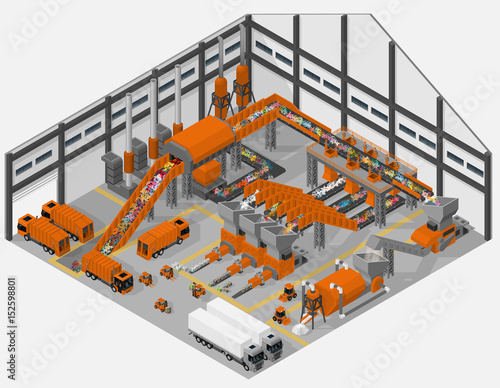 Vector isometric illustration of interior of waste processing plant. Saving the environment.