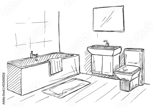 Hand drawn sketch. Linear sketch of an interior. Part of the bathroom. Vector illustration
