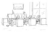 Open Space office. Workplaces outdoors. Tables, chairs and windows. Vector illustration in a sketch style.