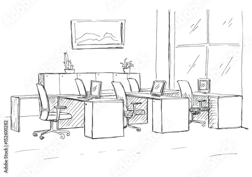 Open Space office. Workplaces outdoors. Tables, chairs and windows. Vector illustration in a sketch style.