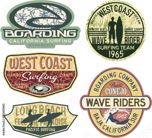 West Coast California surfing vector badges collection