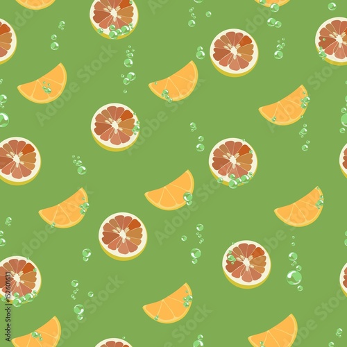 Fototapeta Naklejka Na Ścianę i Meble -  Pattern with grapefruit slices, orange with air bubbles. Vector illustration.