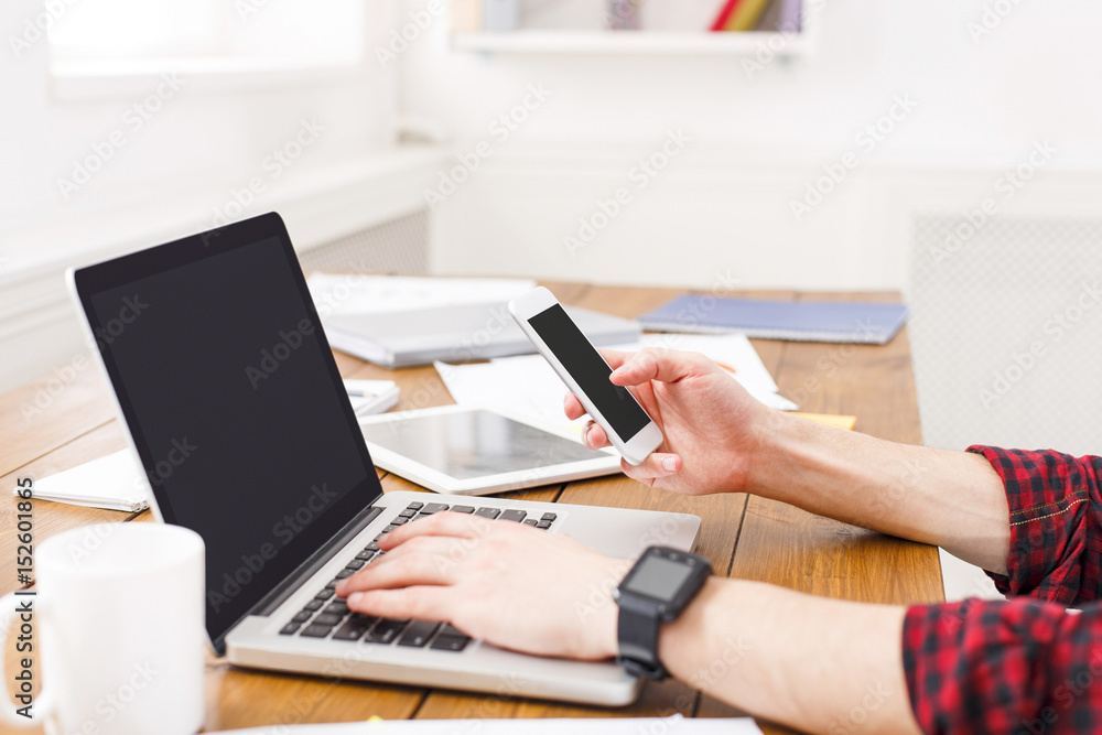 Fototapeta premium Young casual businessman in office, closeup