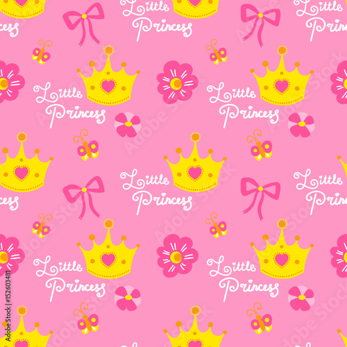 Pink little princess pattern vector. Cute background for template birthday card  baby shower invitation  wallpaper and fabric. Baby girl print with crowns  hearts  flowers  bows and butterflies.