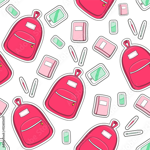 Patches fashion school girl pattern vector seamless with backpack, pad, pencil case, pens and notebooks on white background. Cute print for preschool, teen or student girls.