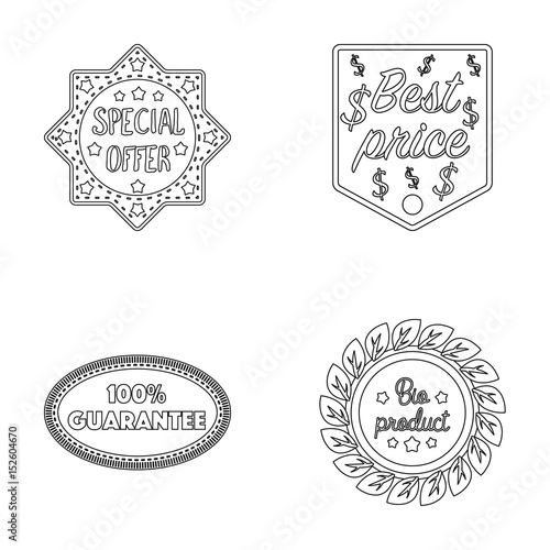Special offer, best prise, guarantee, bio product.Label,set collection icons in monochrome style vector symbol stock illustration web.