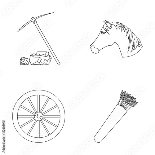 Pickax hoe, horse head, wheel cart, quiver with arrows.Wild west set collection icons in outline style vector symbol stock illustration web.