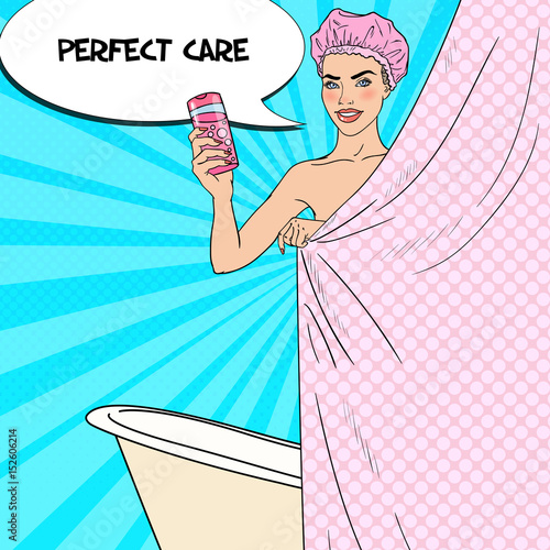 Pretty Woman in Bathroom Holding Shower Gel. Skin Care. Pop Art vector illustration
