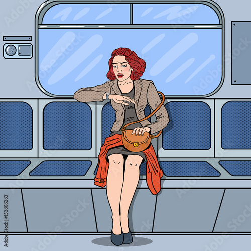 Concerned Business Woman Traveling in Metro Late at Work. Pop Art vector illustration