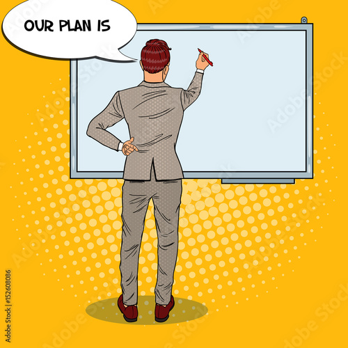 Businessman Drawing on the Whiteboard. Business Training. Pop Art vector illustration