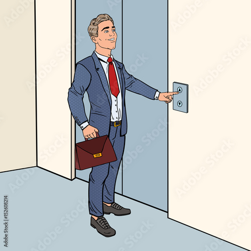Happy Businessman with Briefcase Pressing Elevator Button. Pop Art vector illustration