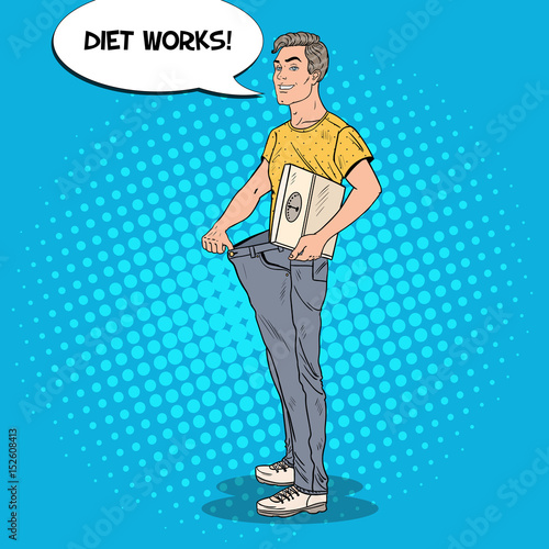 Happy Man in Oversized Jeans with Weights. Dieting Concept. Pop Art vector illustration