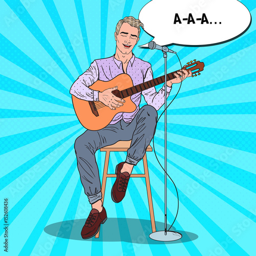 Guitar Player Singing Song in Microphone. Acoustic Concert. Pop Art vector illustration
