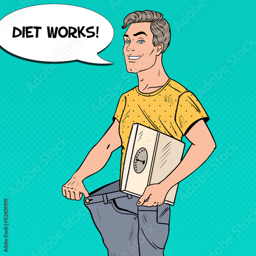 Young Man in Oversized Jeans with Weights Happy of Dieting Results. Healthy Lifestyle. Pop Art vector illustration