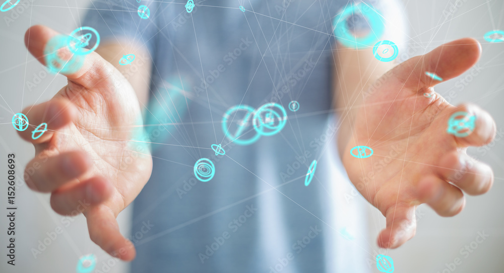 Businessman using flying network connection interface 3D rendering Businessman using flying network connection interface 3D rendering