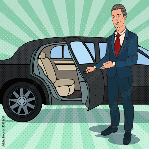 Driver Waiting ner Black Limousine. Chauffeur of Luxury Car. Pop Art vector illustration